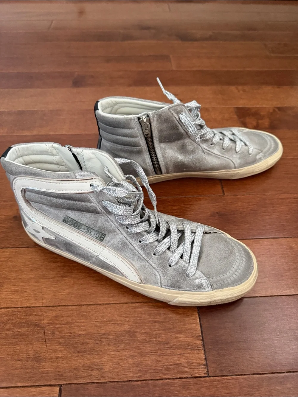 Golden Goose Metallic Silver Grey and White Suede High-Top Zipper Sneakers